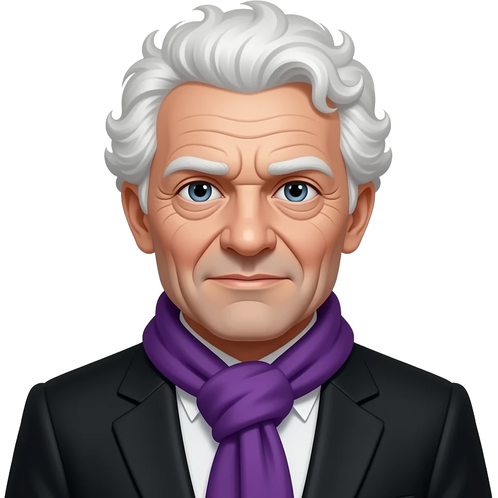 old creepy man, lots of wrinkles on the skin, white curled hairs, black suit, pruple scarf emoji
