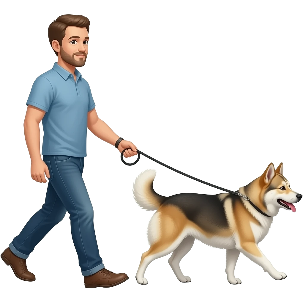 Man walking shepski dog on a leash emoji