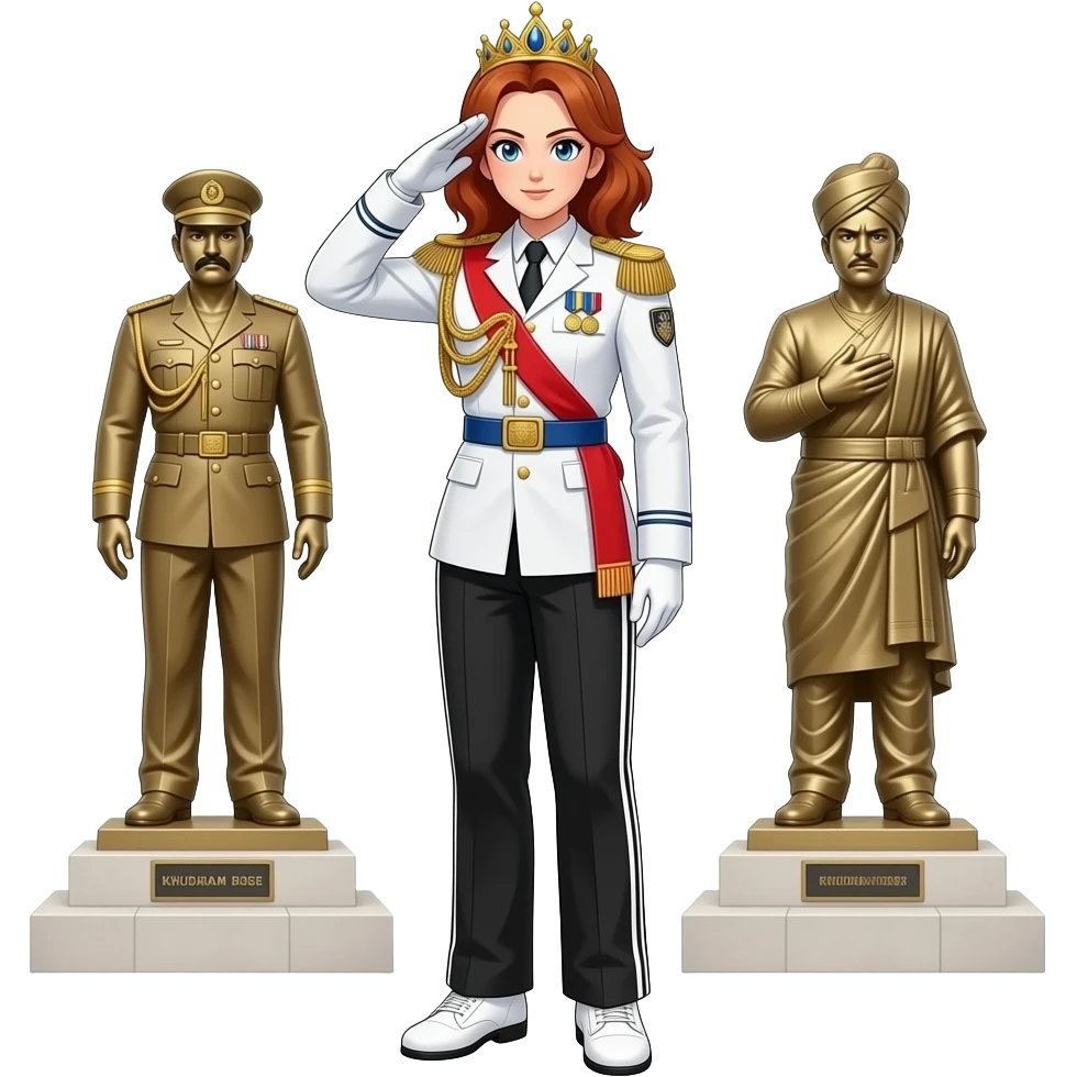 brown bushy auburn haired female android 21 from dragon ball super are wear gold tiara white military tunic arm badge shoulder cord medal red sash blue belt black trouser with two side stripes white shoes to salute of khudiram bose statue in muzaffapur bihar india emoji