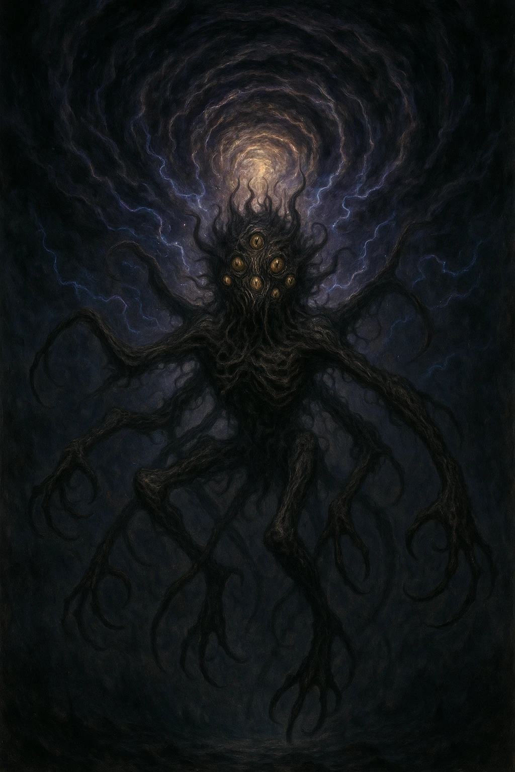 nightmarish creature with many limbs and eyes descending from a swirling sky vortex, cosmic energy, dark and eerie mood, fantasy horror style emoji