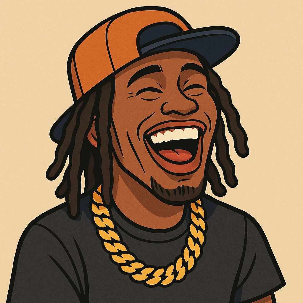 Kai Cenat, laughing, gold chain, stylish cap, playful mood, modern cartoon illustration emoji