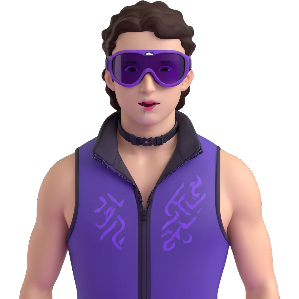 close-up of bad guy male athlete with white skin and moderately curly dark brown hair on top with shaved sides, wearing ski goggles with purple frames and very dark black lenses, a simple plain black chain necklace, and a completely unzipped sleeveless vest with purple and black sequin fire pattern design with no logo, with an extremely arrogant expression sticking his tongue out mockingly, looking menacing and villainous emoji