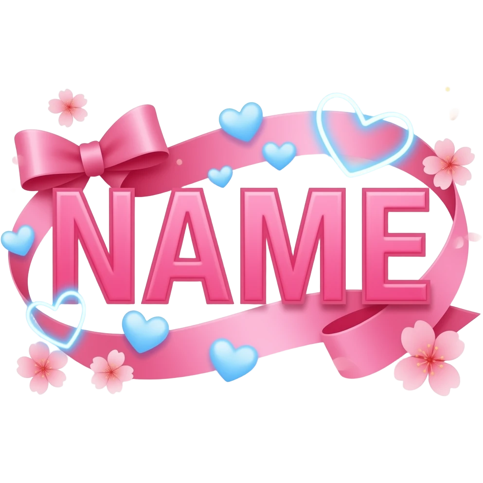 A sleek, hot pink text 'NAME' adorned with satin ribbons and glowing neon-blue hearts. Surrounded by floating cherry blossom petals and golden bokeh. Vibrant, modern, and feminine with a cinematic glow emoji