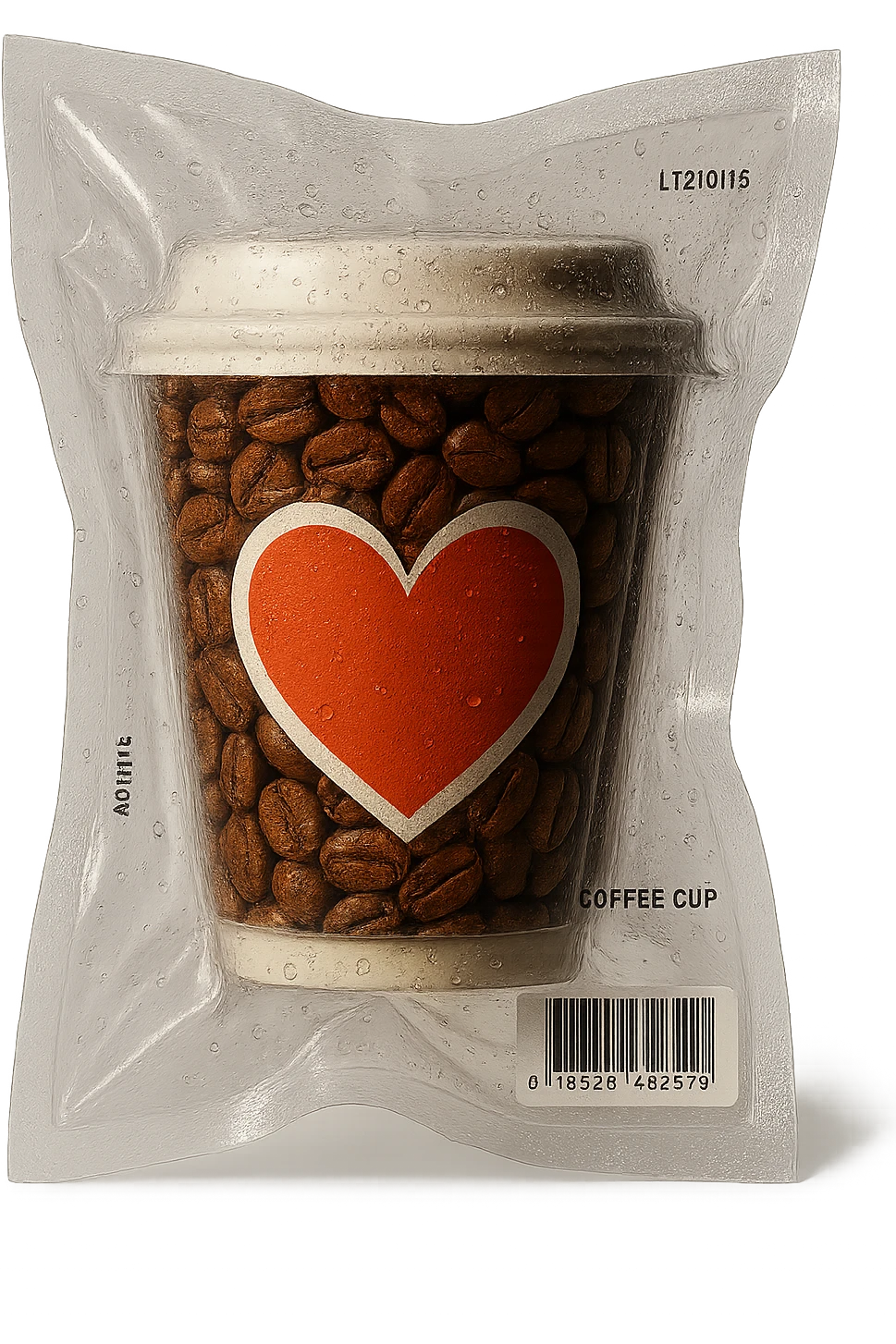 Add coffee beans inside the vacuum-sealed coffee cup with a heart design, keep the vacuum-sealed style, transparent background. emoji