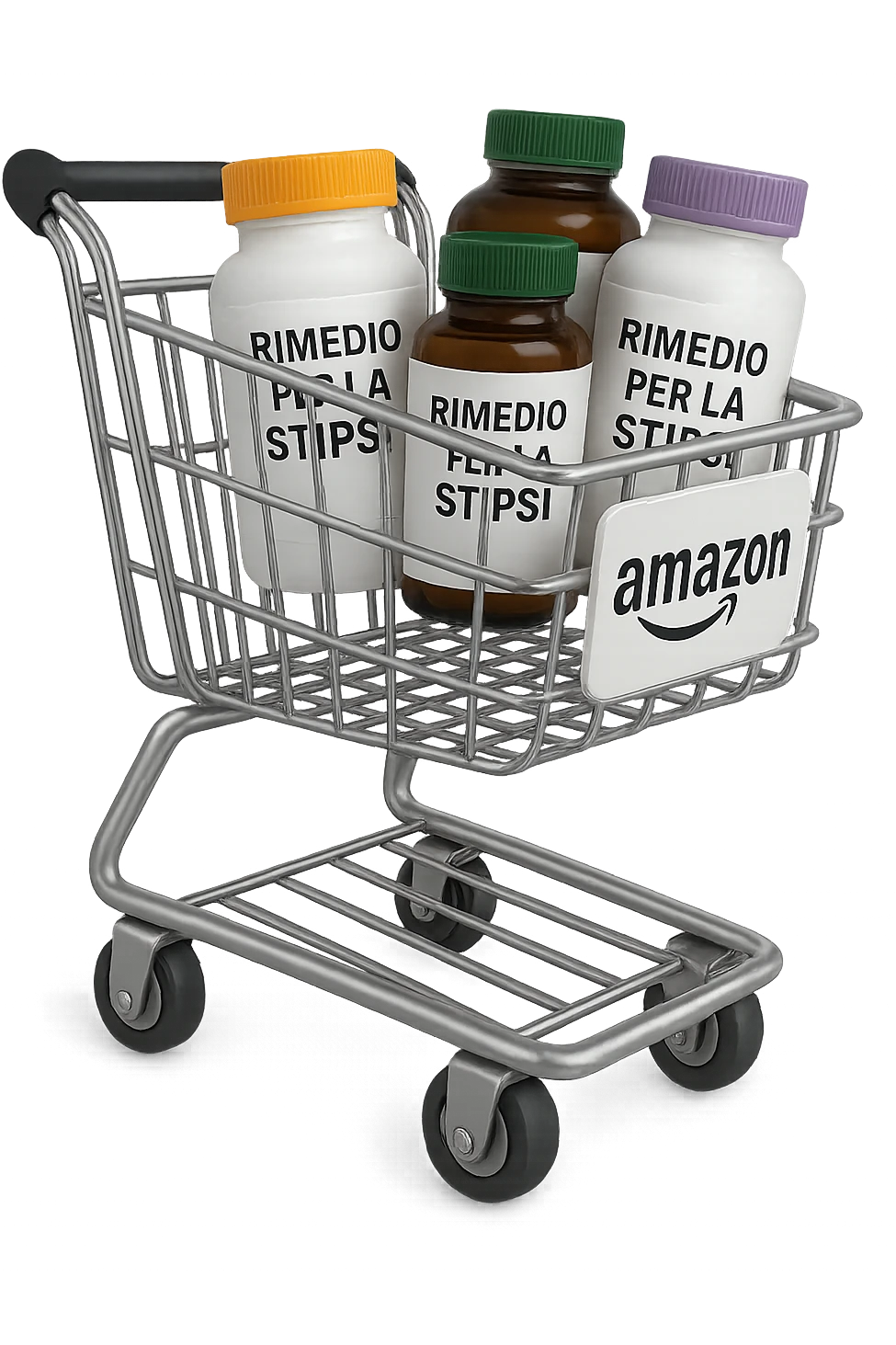 emoji stile iphone di un carrello per la spesa con l'icona di amazon stampata sopra, dentro al carretto ci sono varie boccette di integratori con la scritta "RIMEDIO PER LA STIPSI", iperrealistico 4k emoji