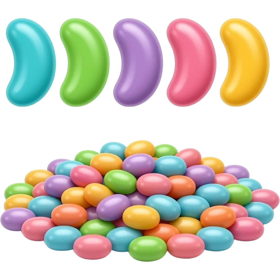 6 bonbons jelly beans, bonbons placés horizontalement, poignée de jelly beans au sol qui se touche, multicolore pastel clair, turquoise vert mauve rose jaune emoji