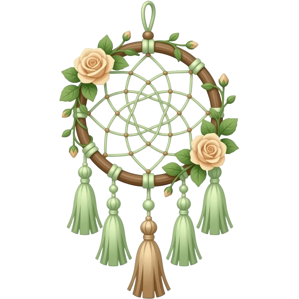 Hippie-like Cute dainty neat Pastel Green-white-brownish-beige-gradients thread-rope-hanging dreamcatcher, pastel colors, whitish, light, green academia aesthetic, mossy, with green vines and beige roses, Cottagecore, Princesscore, shiny glistening, vintage, tassels emoji
