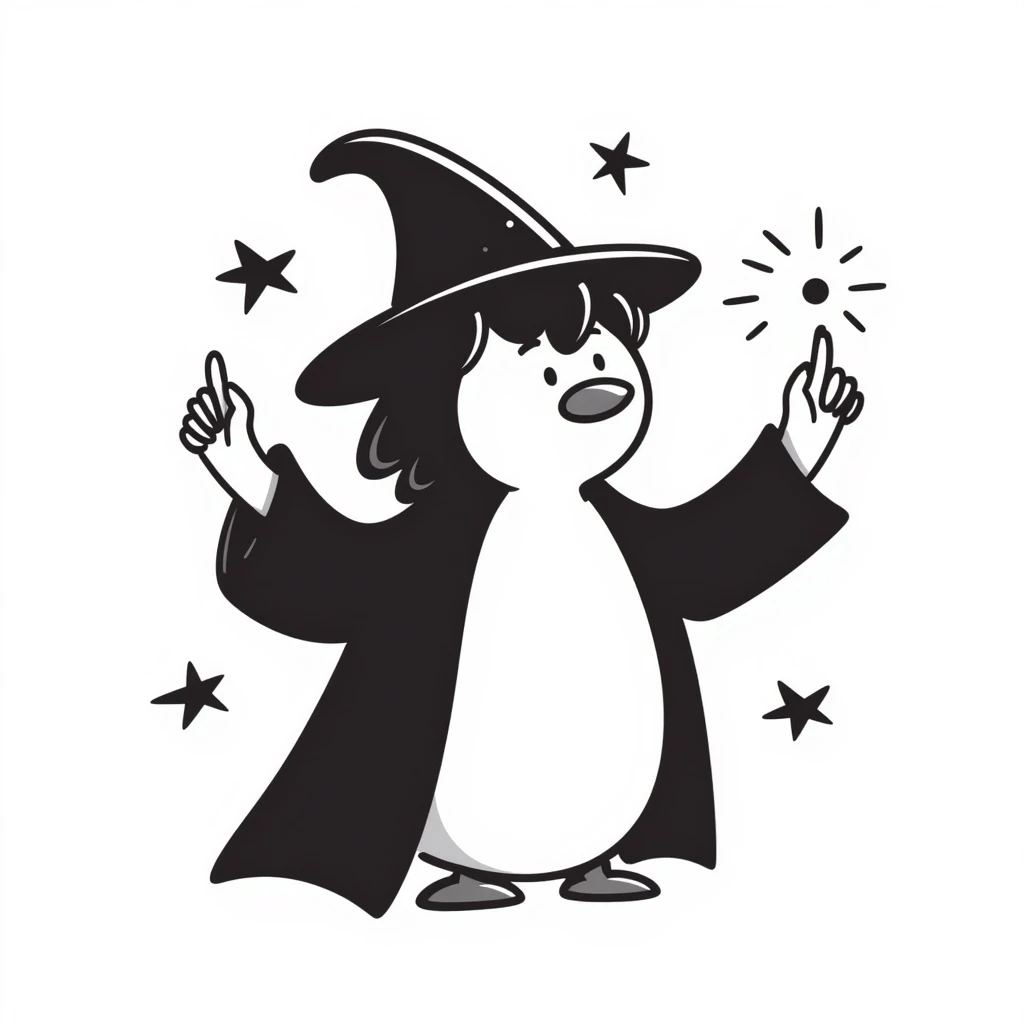hand-drawn doodle of a penguin wizard casting a spell emoji