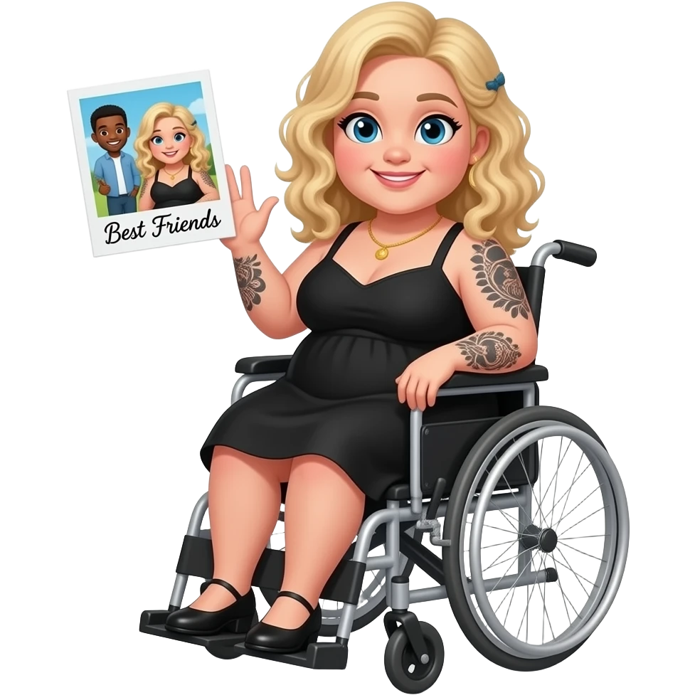 Plus size women waving in wheelchair Blonde curly hair blue eyes black tattoos a black summer dress holding a Polaroid photo of herself having fun with  African American man black hair brown eyes no facial hair saying “Best Friends” in cursive writing emoji