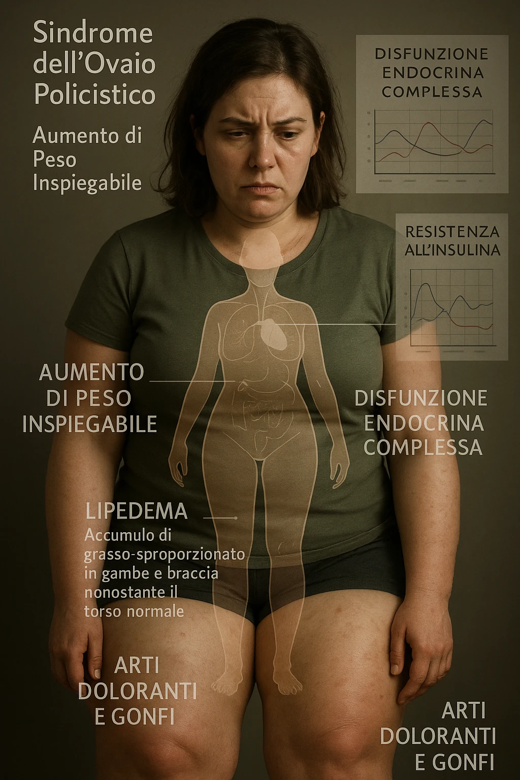 cinematic realistic Woman with PCOS struggling with hormonal chaos, transparent overlay showing elevated androgens and insulin resistance affecting her body, lipedema causing disproportionate fat accumulation in legs and arms despite normal torso, expression of frustration with unexplained weight gain, medical charts showing complex endocrine dysfunction, painful swollen limbs contrasting with metabolic confusion scrivi i testi in italiano emoji