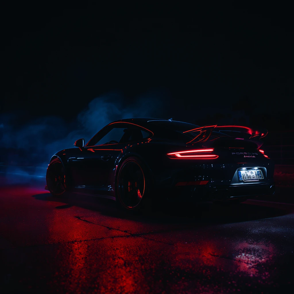 Cinematic still of a porsche 911, night photo, red lights and blue bright night  emoji