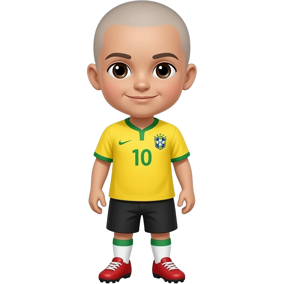 A WHITE  MINI LITTLE BOY WITH YELLOW BRAZIL JERSEY NO NUMBER   , PLAIN BLACK SHORTS  , WHITE SOCKS AND RED CLEATS MAKE HIM HAVE A BUZZ CUT BLACK EYE emoji