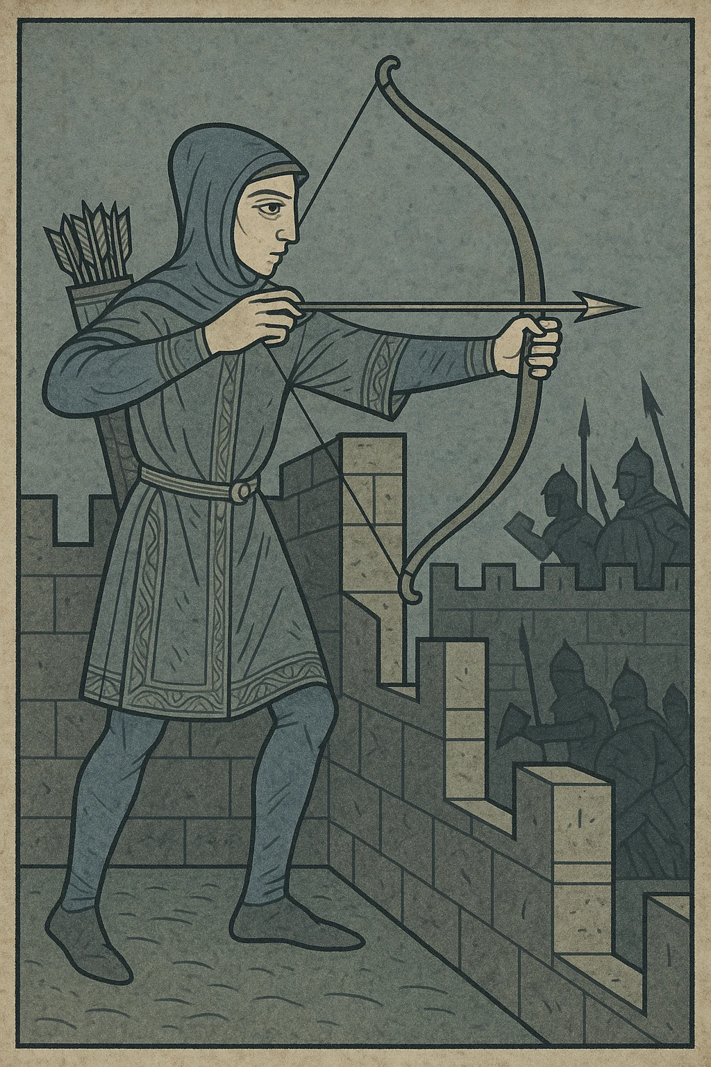 An archer firing an arrow from behind cover, medieval fantasy combat, tense atmosphere, detailed bow and quiver, forest background emoji