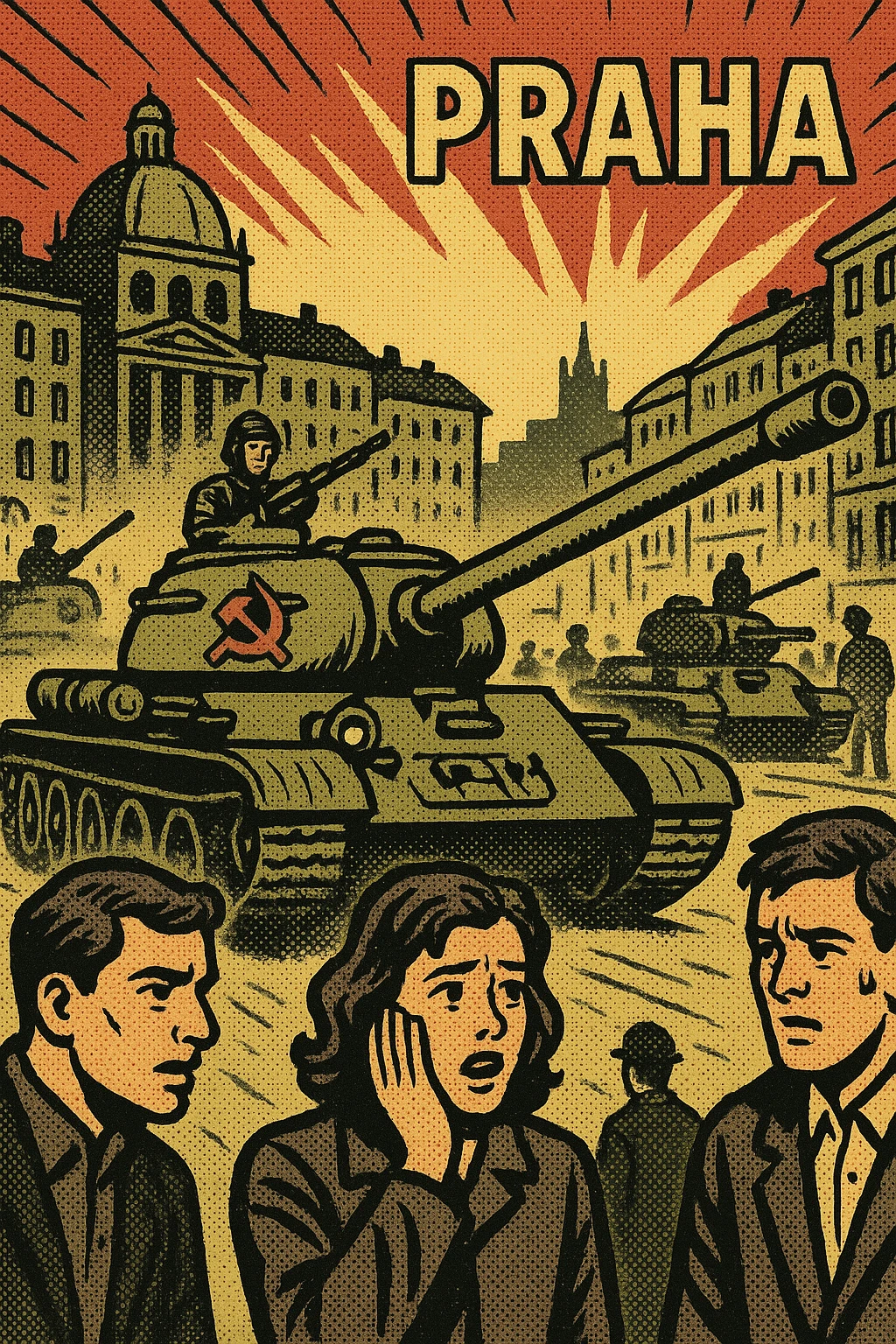 Soviet tanks with the communist party logo on the side entering the city of Prague in 1968 with people standing around watching and worried emoji