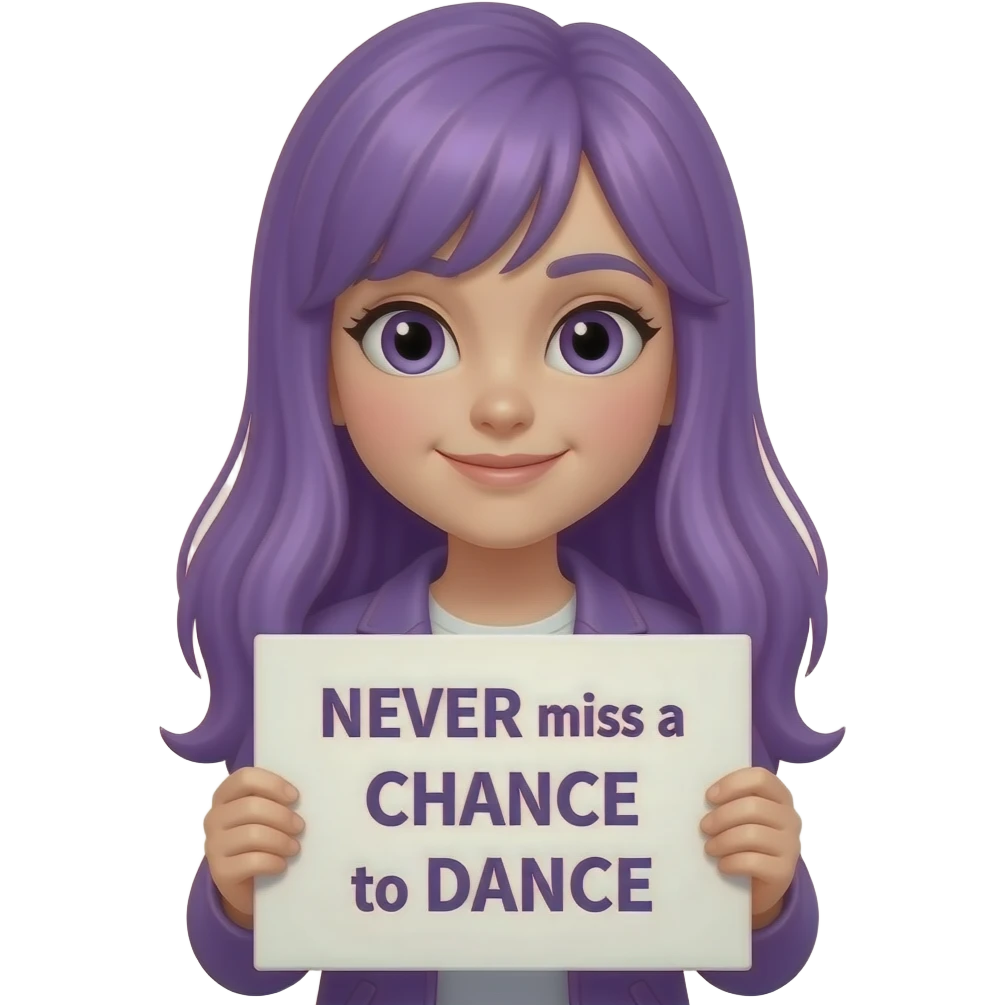 girl with long purple hair holding a NEVER miss a CHANCE to DANCE sign emoji