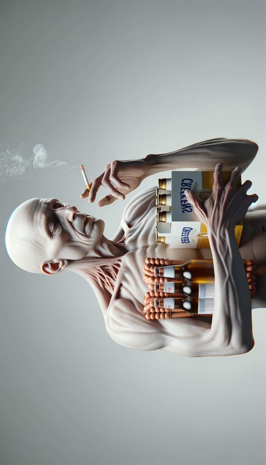 CORPO UMANO ANATOMICO TIENE UNA SIGARETTA IN BOCCA E STA FUMANDO MENTRE TIENE TRA LE BRACCIA UNA BIRRA E WURSTEL CONFEZIONATI, LI GUARDA CON ESPRESSIONE INDECISA IN VOLTO, NEUTRAL CLEAR BACKGROUND, iperrealistico 4k emoji