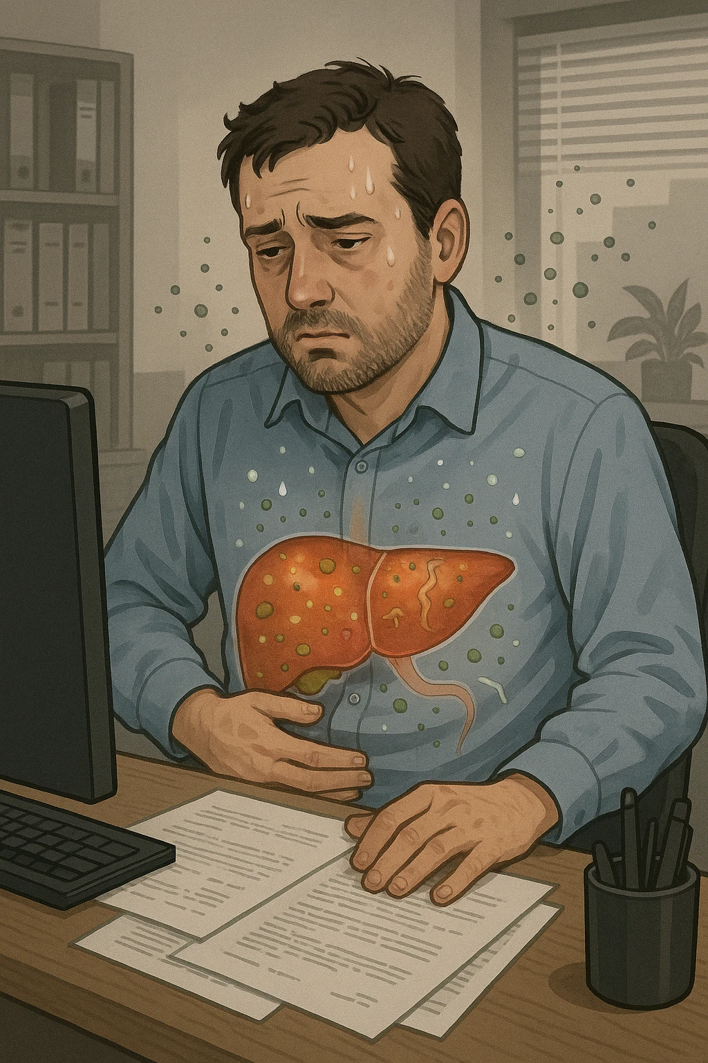 Man sitting at office desk experiencing subtle symptoms of liver dysfunction, upper abdominal pain, nausea, and unexplained fatigue Parasites: Types, Symptoms, Treatment & Prevention, expression of confusion about vague health issues, liver shown in transparent overlay with early inflammation, toxins beginning to accumulate in bloodstream, productivity declining as liver struggles to filter properly emoji