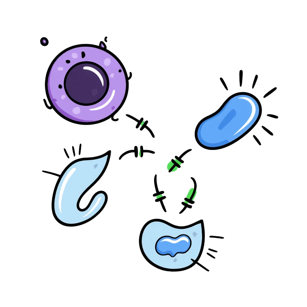 Antimicrobial action diagram: purple bacteria with detailed cell structure being attacked by blue shield-shaped antimicrobial molecules. Green arrows showing points of attack on cell wall and membrane. Hand-drawn scientific illustration with color-coded components. emoji