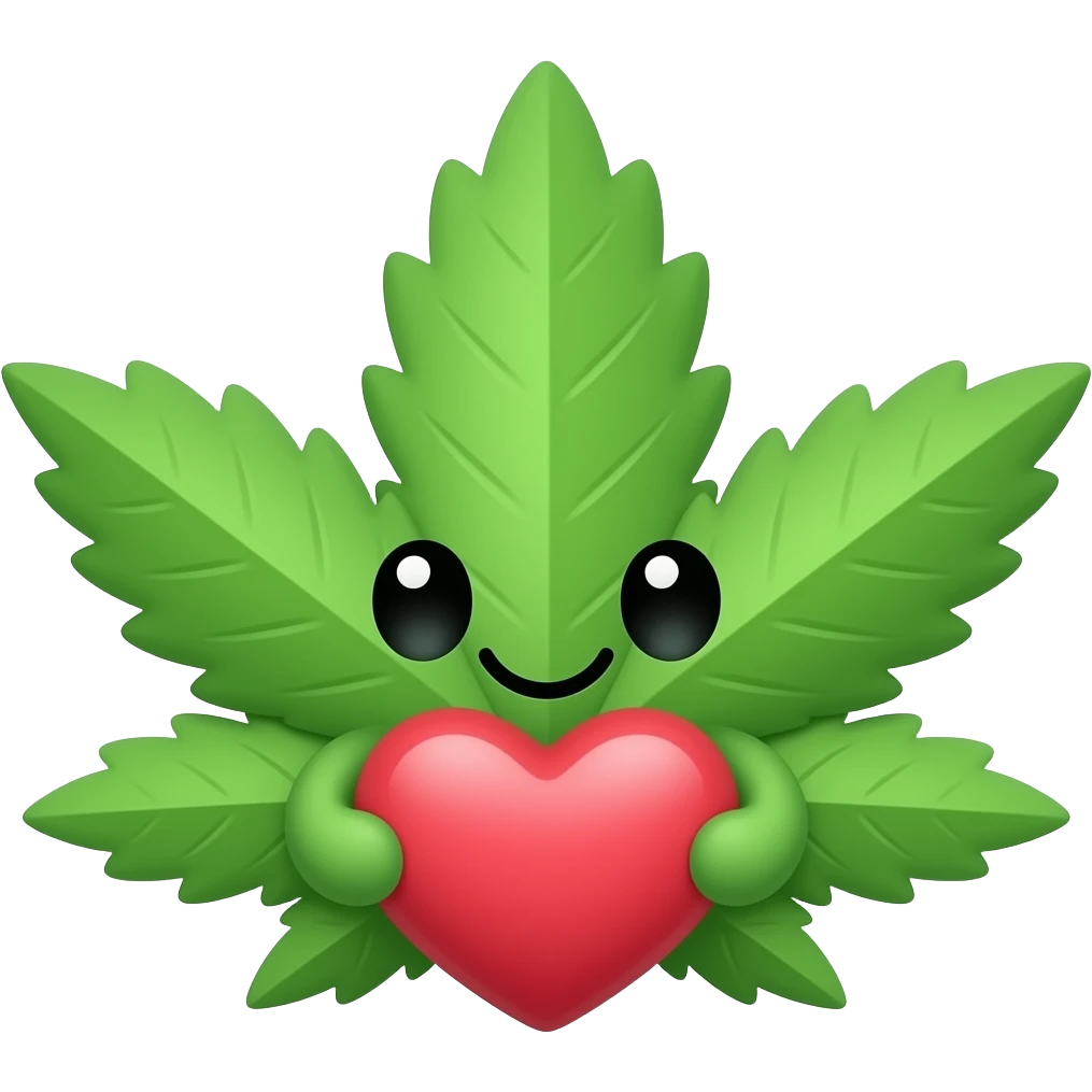 emoji of a kamoji kawaii weed leaf with a cute face holding a heart emoji