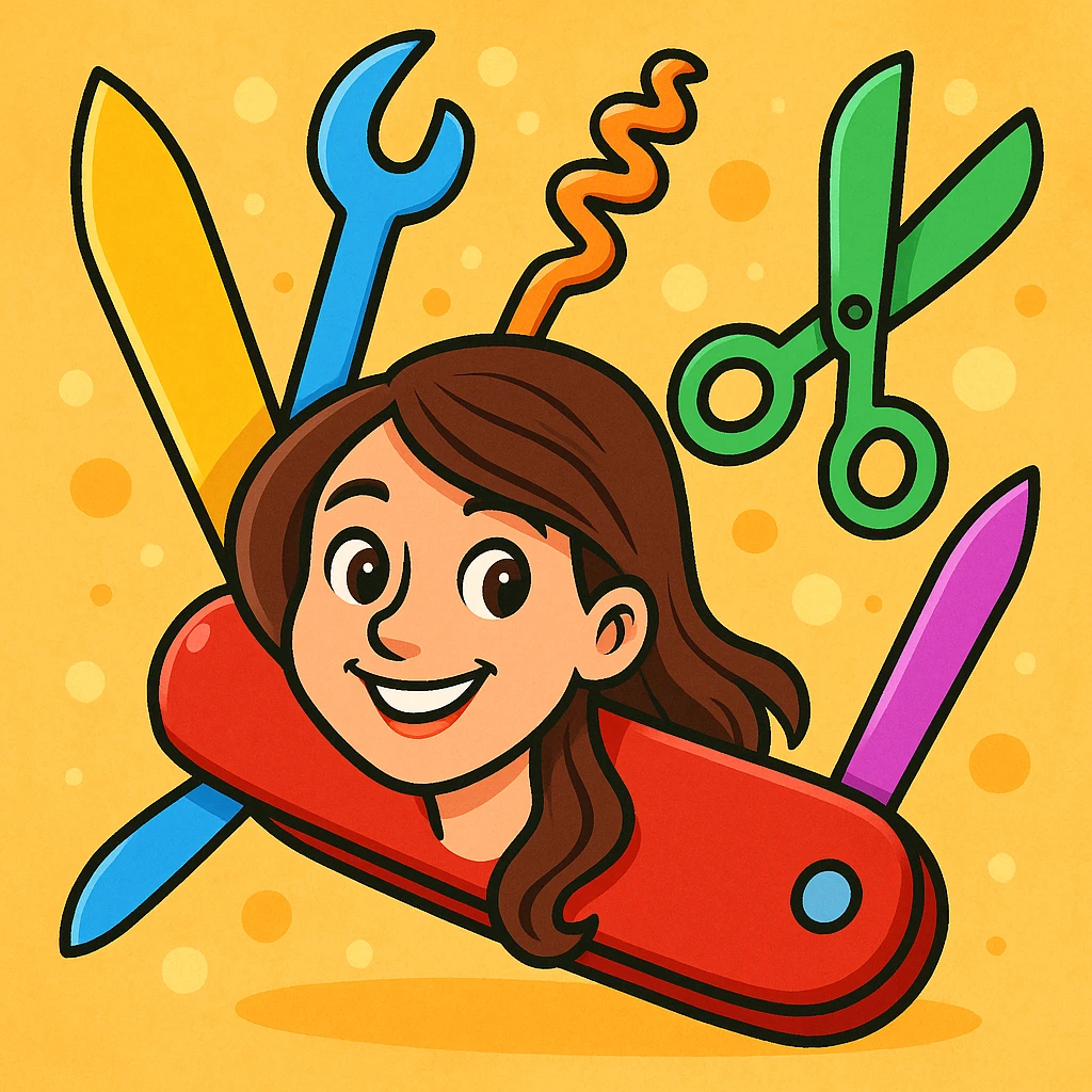 a playful and colorful cartoonish swiss army knife with a brunette woman with light brown eyes emoji