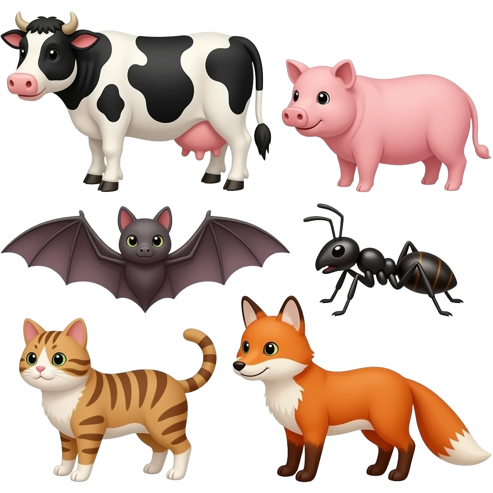 Cow, pig, bat, ant, cat, fox emoji
