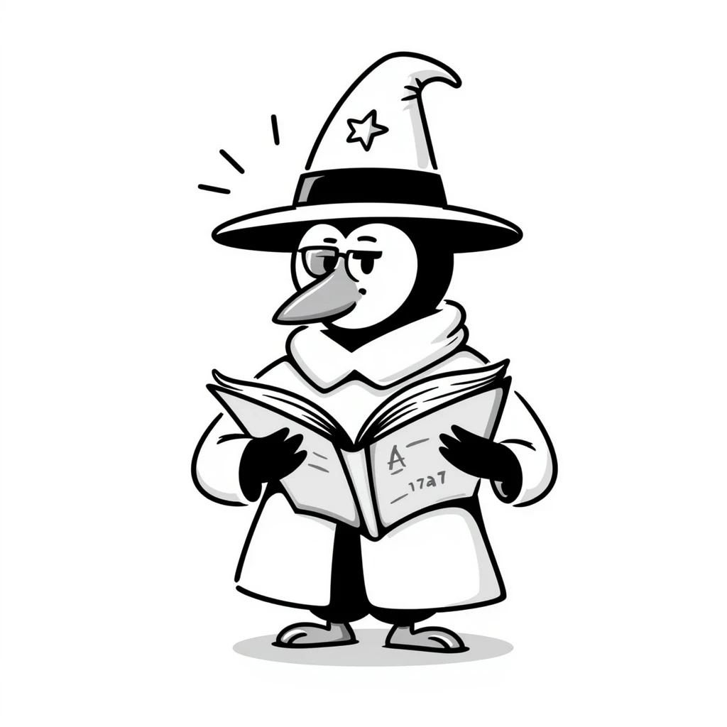 hand-drawn doodle of a penguin wizard with big hat and book of spells emoji