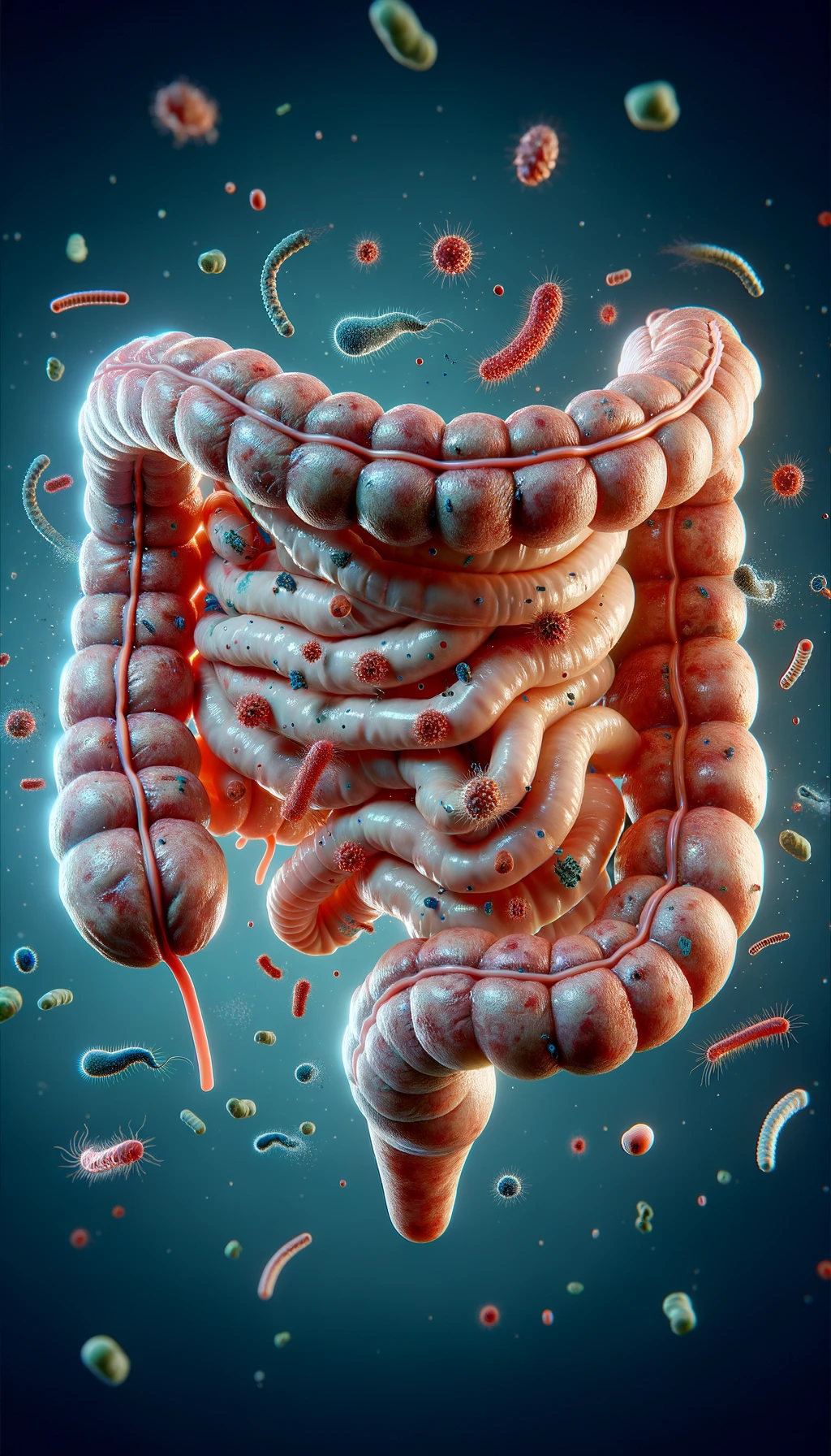 intestino umano realistico con batteri e parassiti che gli fluttuano intorno, iperrealistico 4k emoji