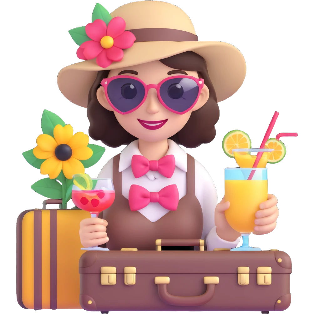 3D emoji of a smiling, feminine face with big eyelashes, no body, colorful and friendly, romantic style, with feminine accessories like bow, sunglasses, hat, cocktail, camera, suitcase, flower, heart, star, motif: heart, transparent background emoji