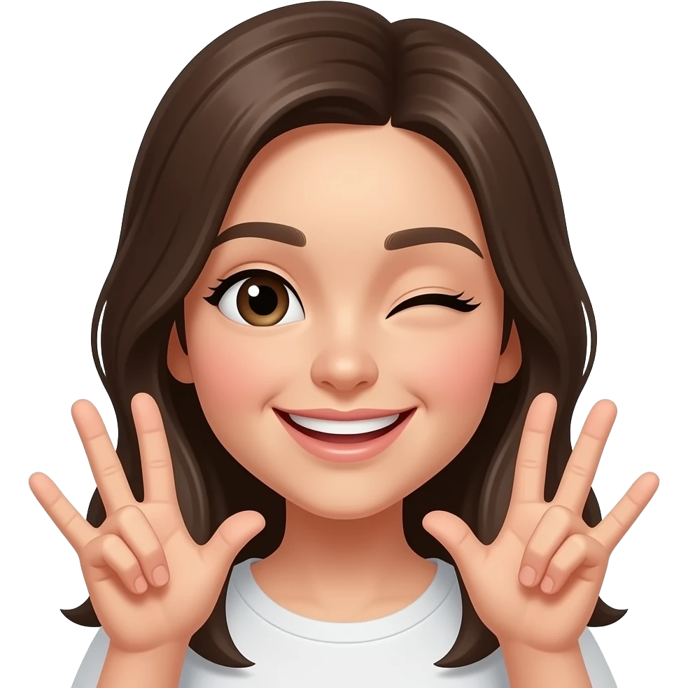 an anime-style girl smiling and winking, both hands near the face, index, middle, and ring fingers extended on each hand emoji