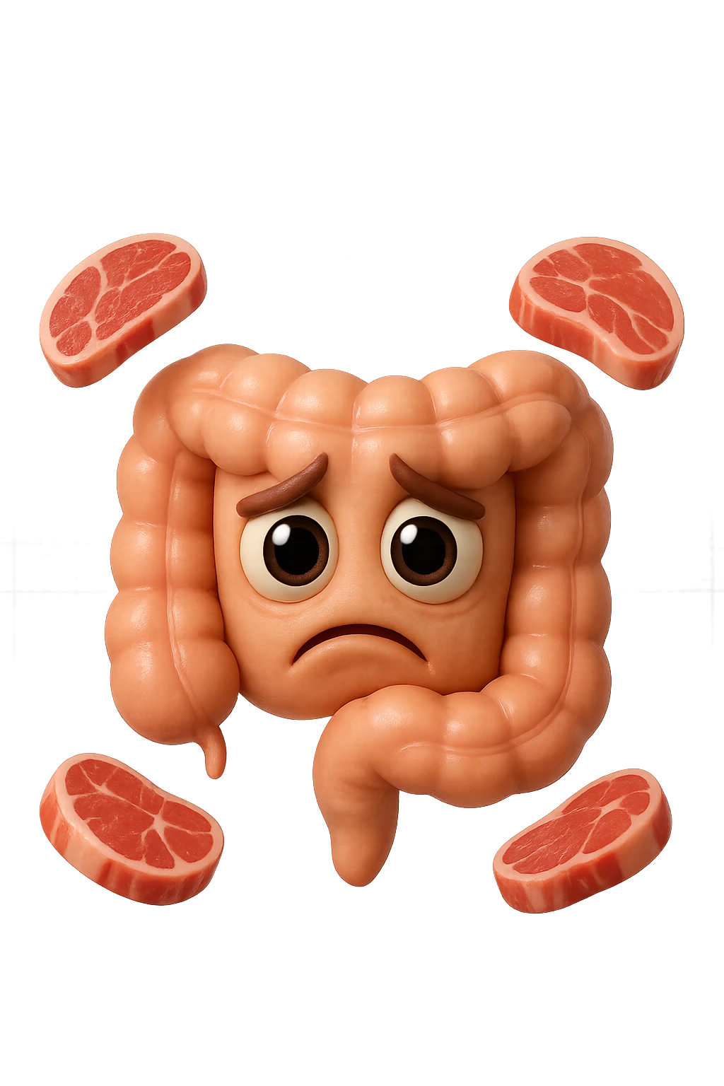 emoji stile iphone in 3d di un intestino triste con fette di carne che gli fluttuano intorno, gli occhi falli con la parte bianca pure, iperrealistico 4k emoji