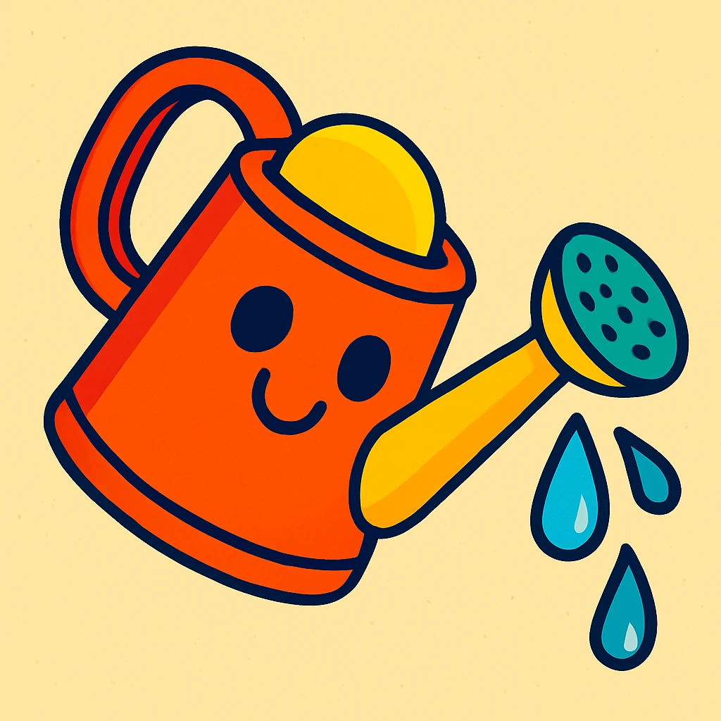 a watering can tipped with water dripping out, playful cartoon style emoji