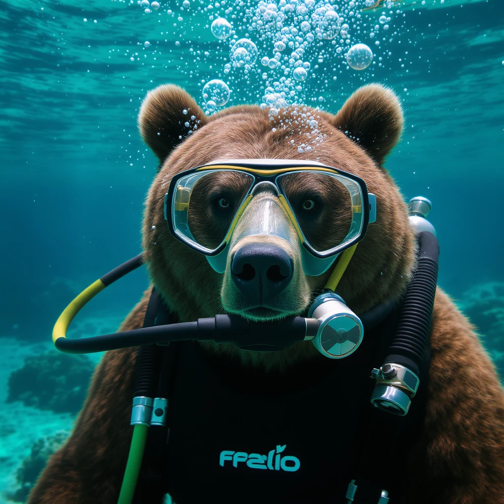 realistic bear in scuba diving suit, underwater bubbles emoji