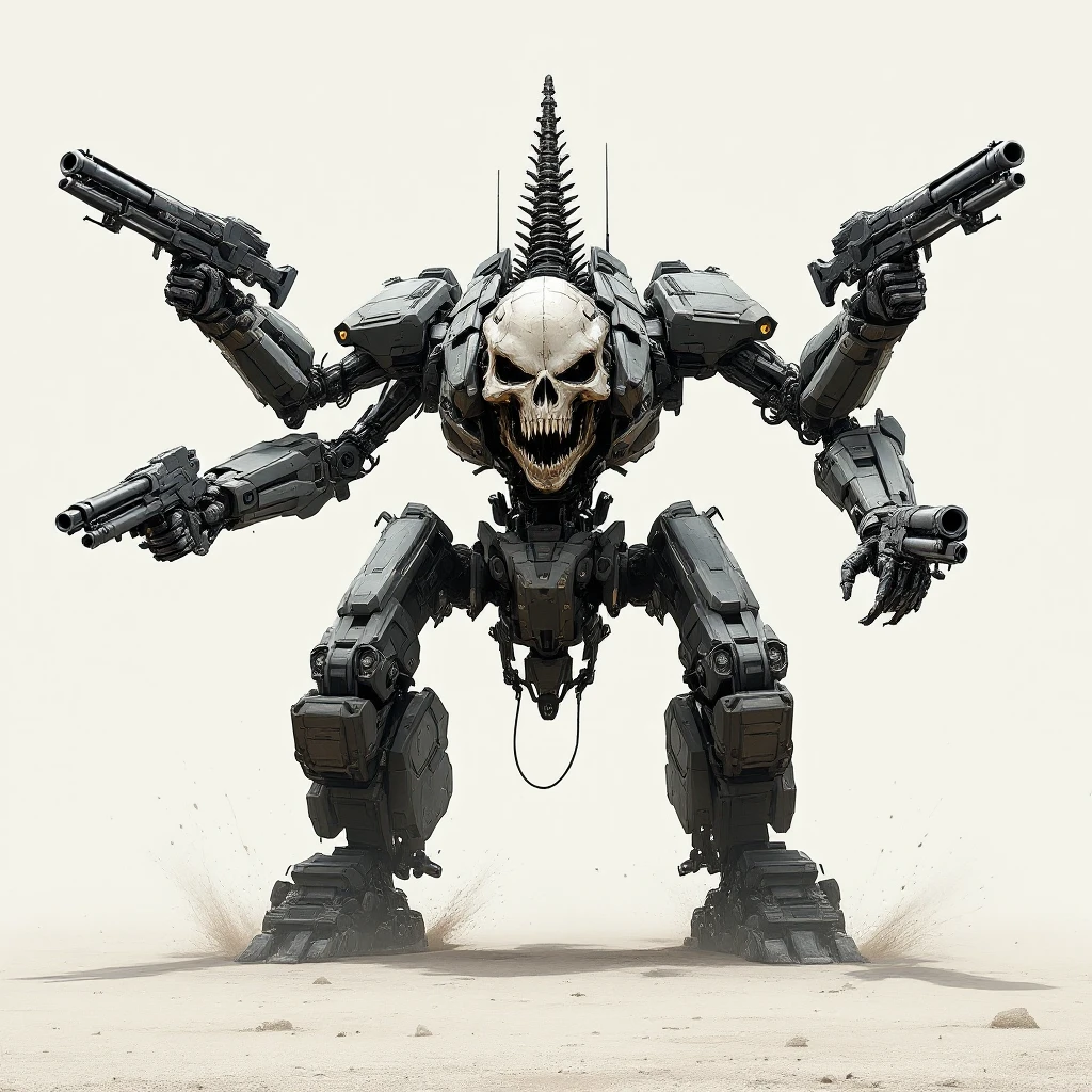 A dangerous-looking battle mech with four arms, each holding a gun, skull-shaped head, spine merging into a heavy tank chassis with treads, charging forward. Detailed, menacing, mechanical, futuristic battle robot, aggressive stance. emoji