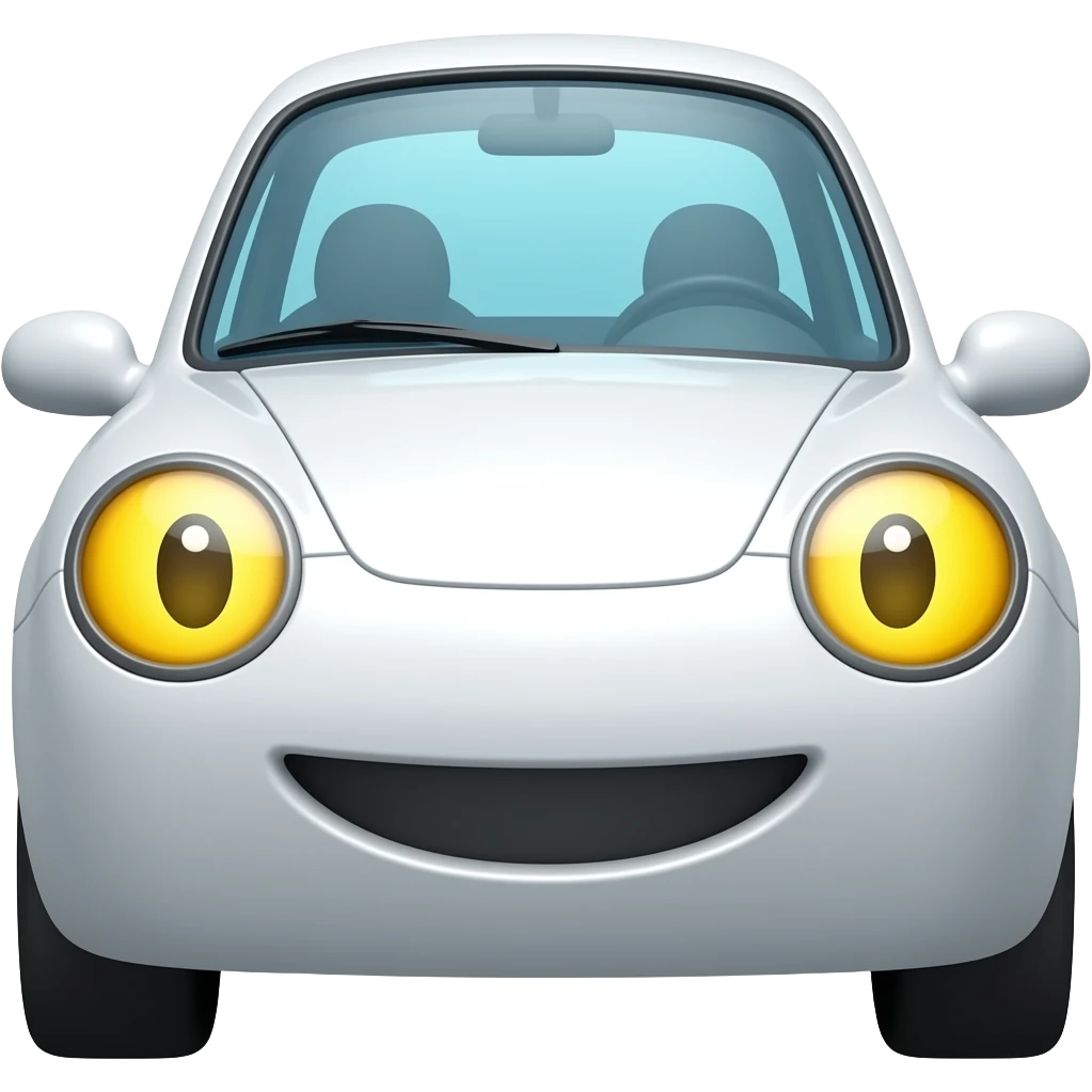 White car with yellow eyes as the headlights and a happy mouth emoji