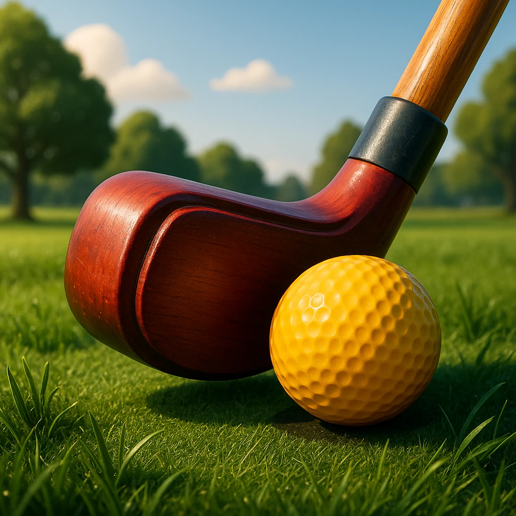 Recreate this image as a close-up 3D illustration of a park golf club hitting a ball in a realistic 3D style with vibrant colors, focusing on detailed textures and lighting to emphasize realism and vibrancy. emoji