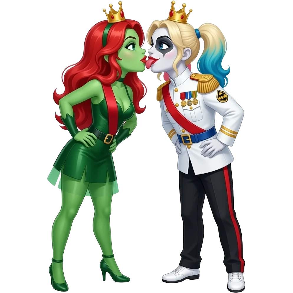 Red hair female Poison ivy and harley quinn from dc comics are same wearing gold tiara white military tunic arm badge shoulder cord medal red sash blue belt black trouser with both side red stripe white shoes and they both kiss with tongue of little brat emoji