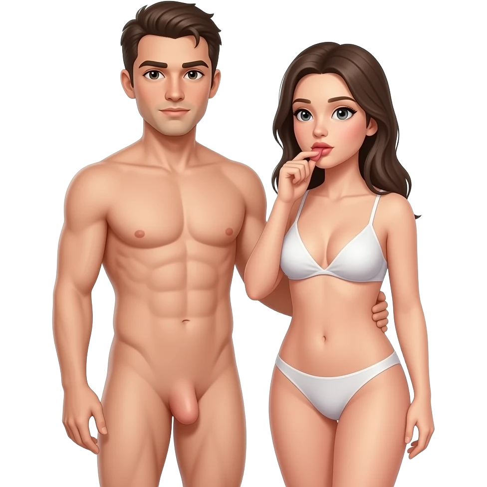 Homem pelado aparecendo o corpo inteiro do lado de uma mulher pelada com ela chpando o pênis do homem emoji