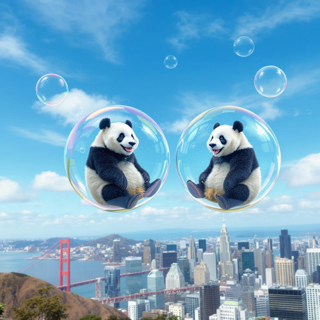 pandas bears sitting inside bubbles flying around San Francisco downtown, sunny summer day, happy vibe emoji
