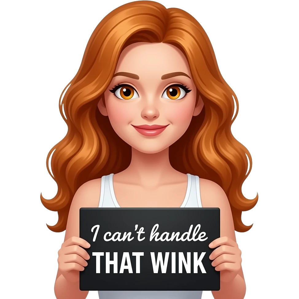 sexy girl with long wavy ginger hair and ginger eyes wearing a white tanktop is holding a black colored sign with I can't handle THAT WINK written on it emoji