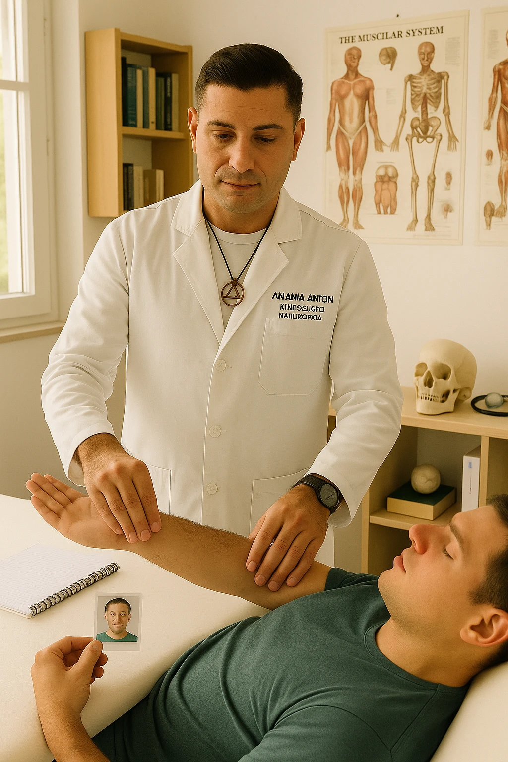 a middle-aged man, dressed in casual professional attire, is in a bright, organized therapy studio. Durante una visita di kinesiologia, il praticante tiene con una mano la foto di una persona lontana (il “testimone”) appoggiata su un tavolo, mentre con l’altra mano esegue un test muscolare su un cliente presente. Sullo sfondo si vedono libri di kinesiologia, poster anatomici e strumenti tipici della disciplina. L’atmosfera è concentrata e serena, con luce naturale che entra dalla finestra, sottolineando l’aspetto alternativo e umano della pratica. emoji