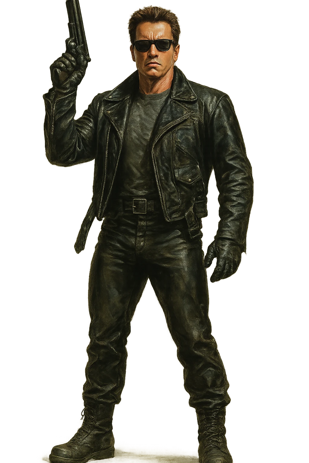 Full-body Terminator Arnold Schwarzenegger in leather jacket, holding a gun raised, realistic painted style emoji