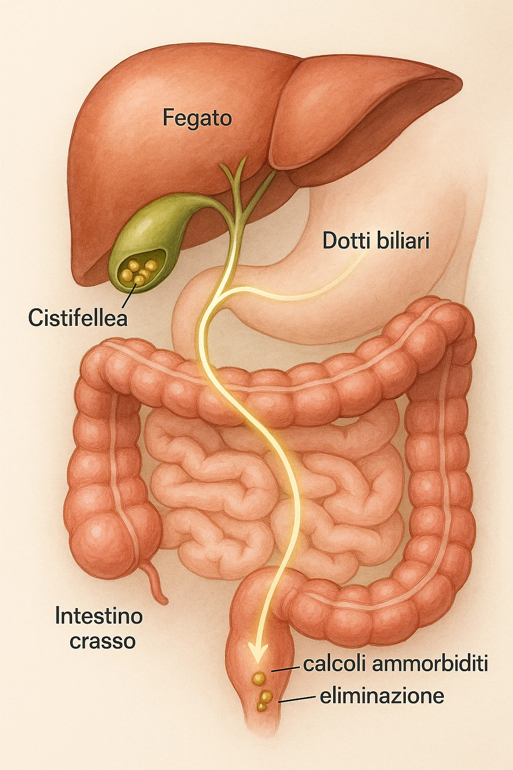A realistic, educational medical illustration showing the human digestive tract focusing on the liver, gallbladder, bile ducts, and intestines. The gallbladder is depicted with small gallstones inside. A soft glowing arrow indicates the flow of bile and small stones moving naturally from the gallbladder through the bile ducts into the intestines. In the colon, small softened gallstones are shown being prepared for elimination, symbolizing their removal through bowel movements. The style is clean, precise, and clear with soft anatomical colors (greens, soft reds, and yellows) and faint glowing arrows to illustrate the process. The background is a subtle neutral gradient to keep the focus on the organs and the pathway. The image conveys the concept of natural gallstone elimination through the intestines via the stool in a clear, non-graphic, and educational way in italiano emoji
