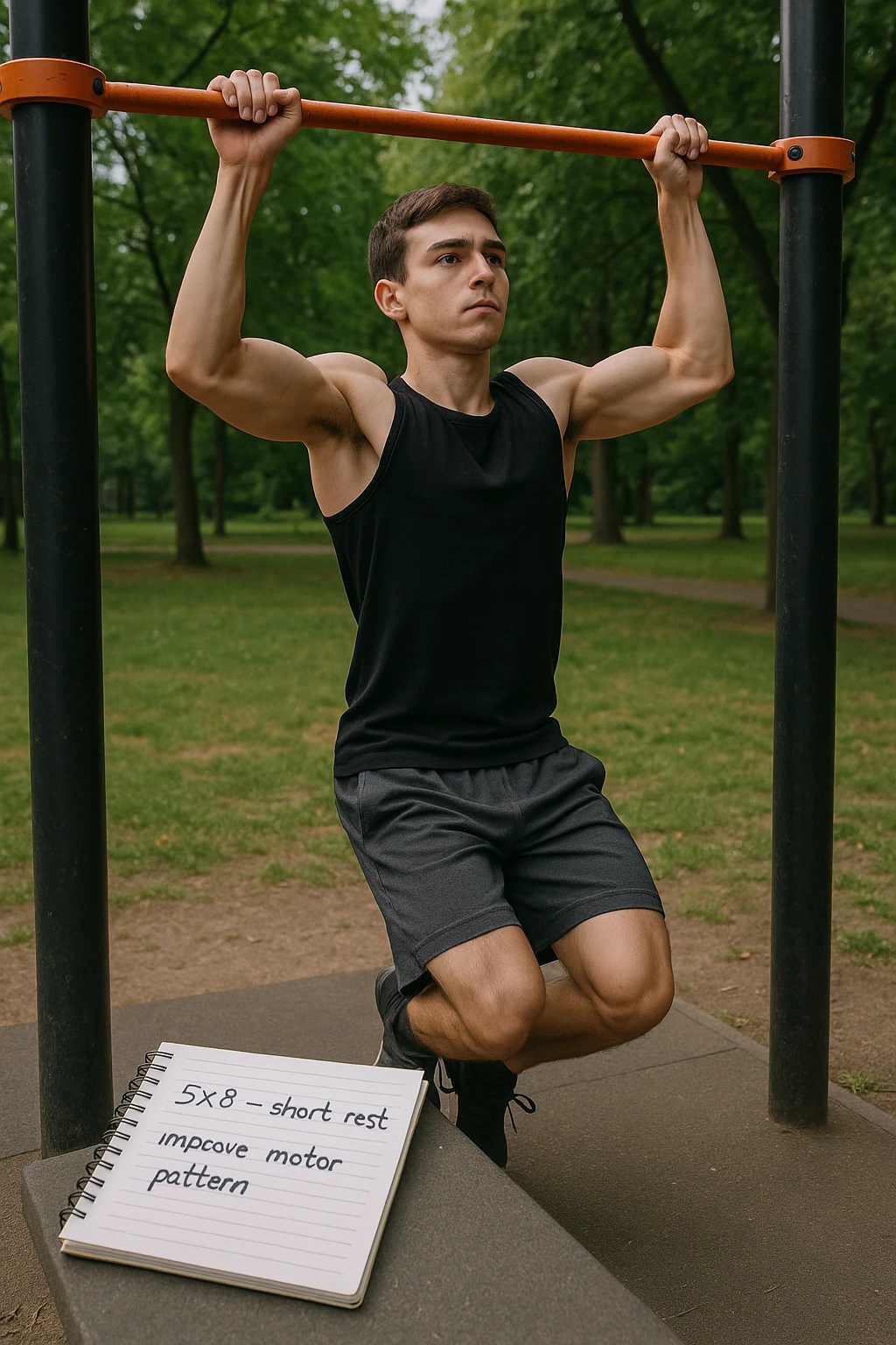 Giovane principiante dello streetlifting in un parco, fisico ancora asciutto, esegue lunghe serie di trazioni senza peso, con tecnica controllata. A terra, un taccuino con scritto '5x8 - riposo breve - migliorare schema motorio'. Espressione concentrata. Luce naturale, atmosfera educativa, senso di costruzione progressiva. emoji