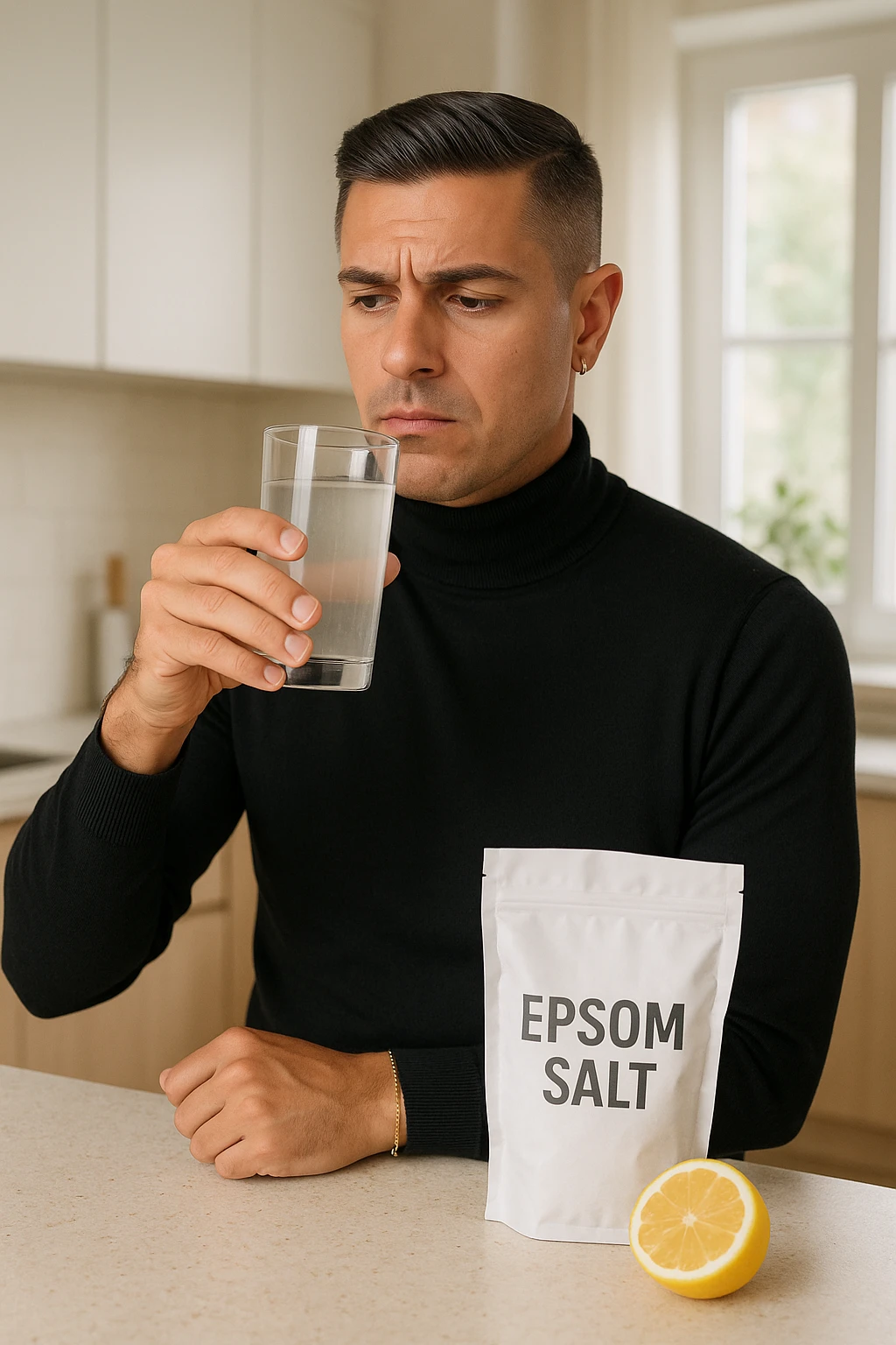 A realistic, bright photo-style image of a young man in his 30s standing in his kitchen, holding a clear glass filled with water in which Epsom salt (magnesium sulfate) has been dissolved. He looks focused but slightly uncertain as he prepares to drink it for a liver flush or digestive cleanse. The glass shows slight cloudiness from the dissolved salt. On the counter are a packet labeled 'Epsom Salt' and a sliced lemon, suggesting he might use it to mask the taste. The setting is clean, natural, and bright with neutral tones. The background shows sunlight streaming through a window, emphasizing a clean, minimalist health-focused environment. The mood conveys a realistic, calm moment of self-care with a hint of discomfort, illustrating a natural detox practice emoji