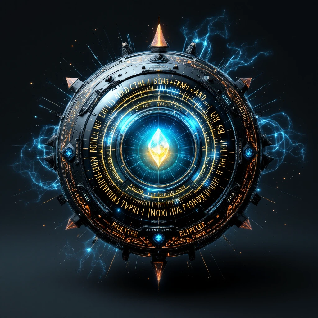 A S'pht Pfhor dialect radio transmission compiler: a floating, orb-like artifact with embedded runes, radiating energy waves, and a central crystal core. The style is otherworldly, with a dark metallic body and glowing blue and orange accents. emoji