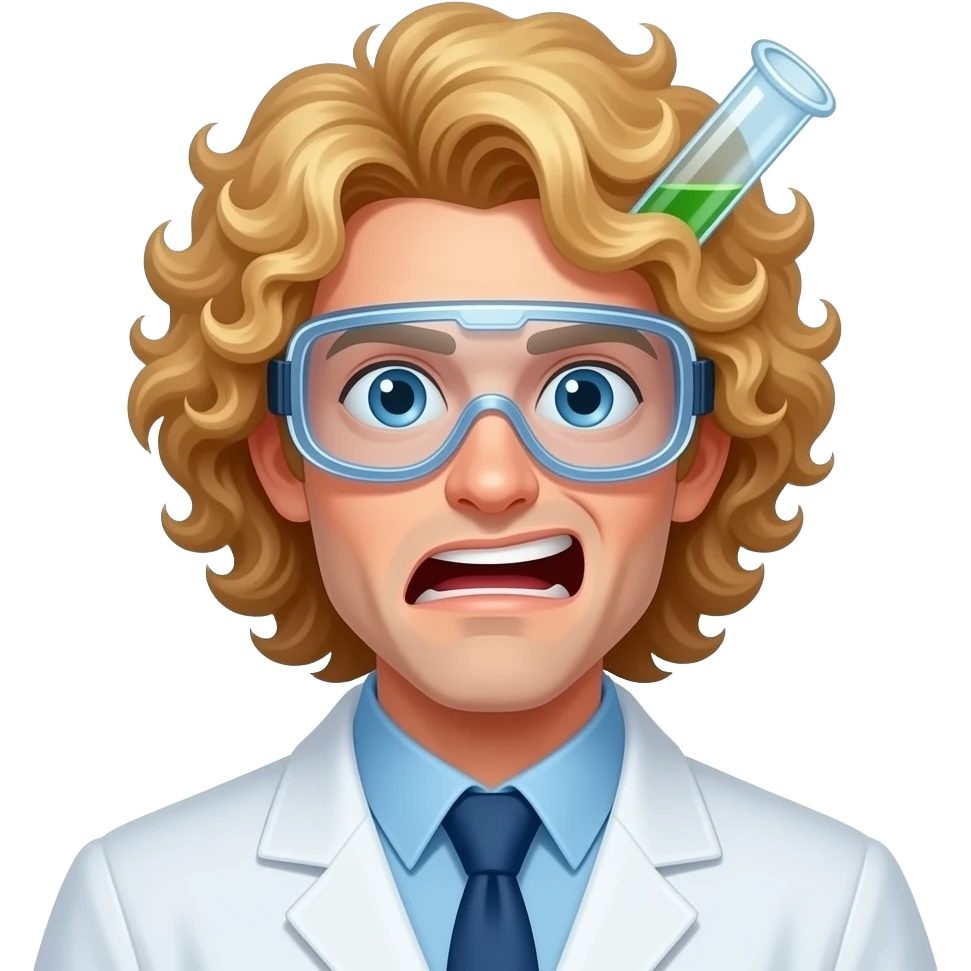 male scientist with curly long blond hair with googles experiencing a flask explosion emoji