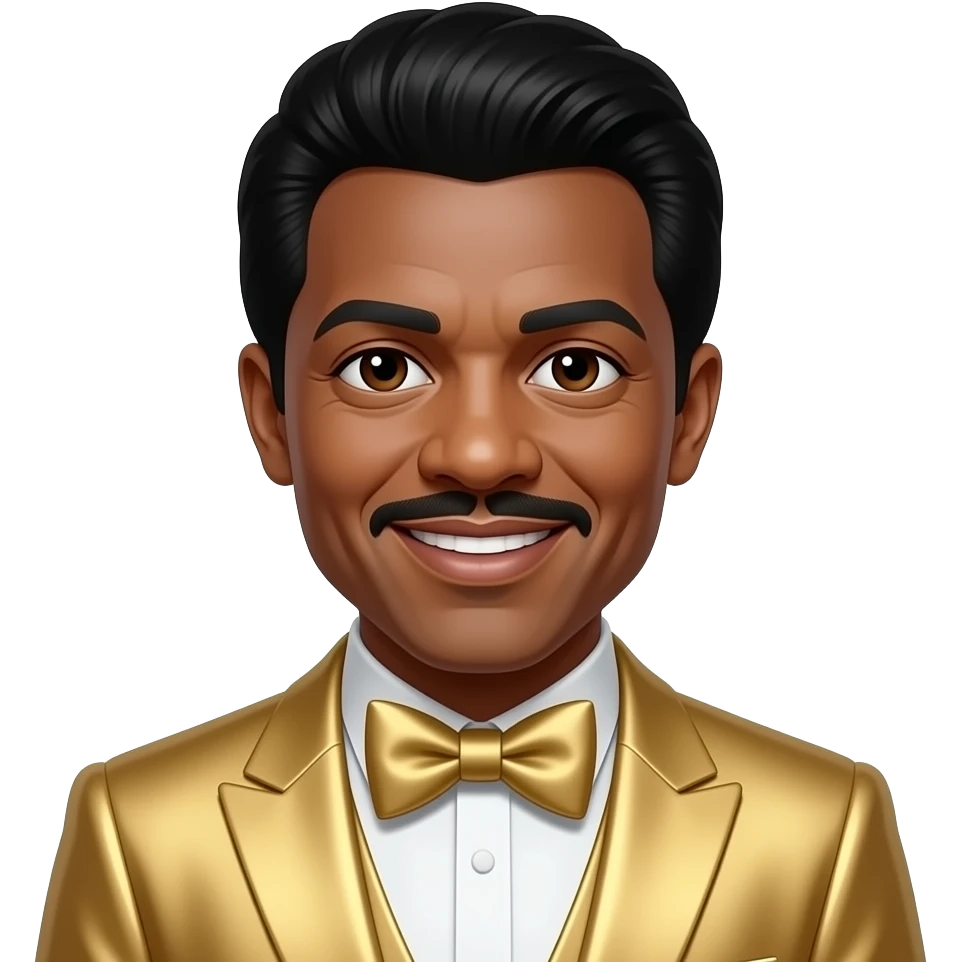 Melvin Franklin from The Temptations with dark brown eyes, black boogie hair, gold metallic suit with bow tie emoji