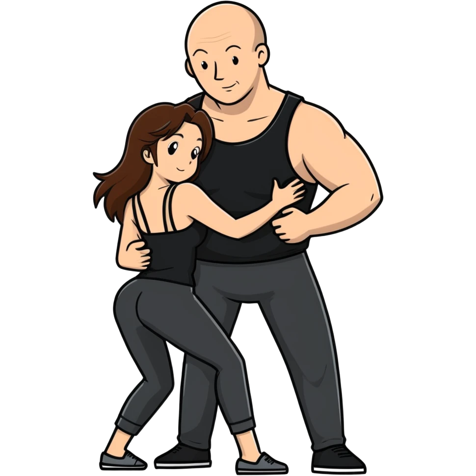  One Caucasia woman with brown hair and big boobs,  a black tank top and pants getting humped from behind by bald man emoji