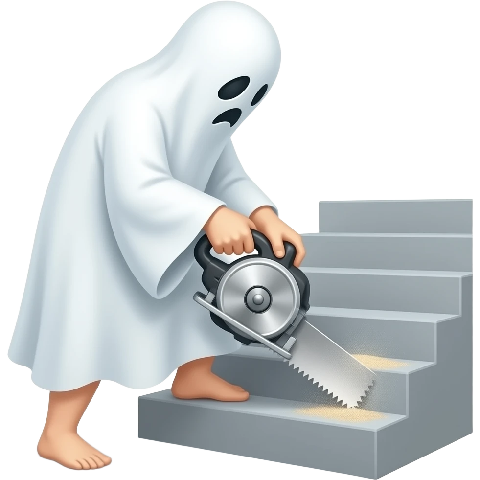 Un homme fantôme scie les marches des escaliers avec une scie sauteuse. emoji