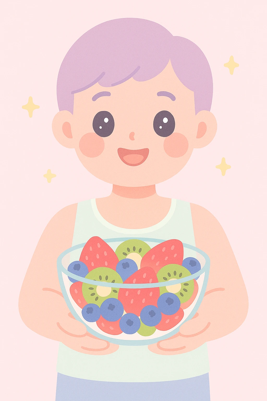 A cheerful person holding a glass bowl of colorful fruit salad, with vibrant pieces of strawberries, kiwis, and blueberries visible. The person is wearing a casual, light-colored tank top, and has a friendly, bright smile as they prepare to take a bite with a spoon. emoji
